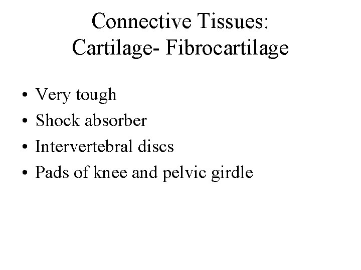 Connective Tissues: Cartilage- Fibrocartilage • • Very tough Shock absorber Intervertebral discs Pads of