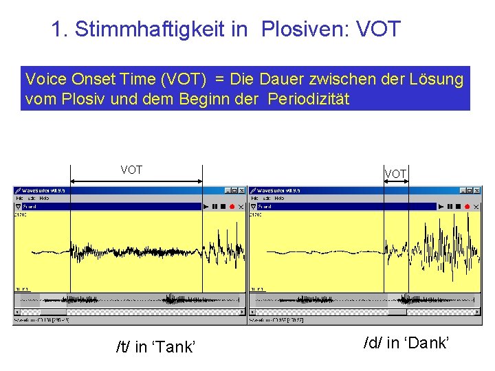 1. Stimmhaftigkeit in Plosiven: VOT Voice Onset Time (VOT) = Die Dauer zwischen der