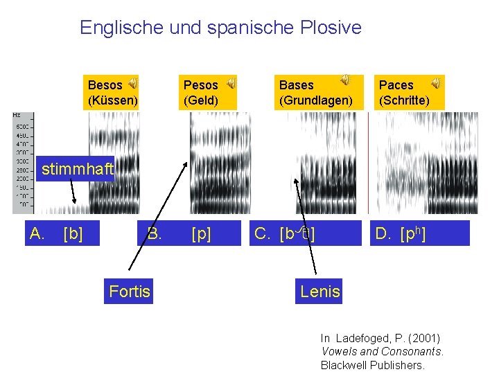 Englische und spanische Plosive Besos (Küssen) Pesos (Geld) Bases (Grundlagen) Paces (Schritte) stimmhaft A.