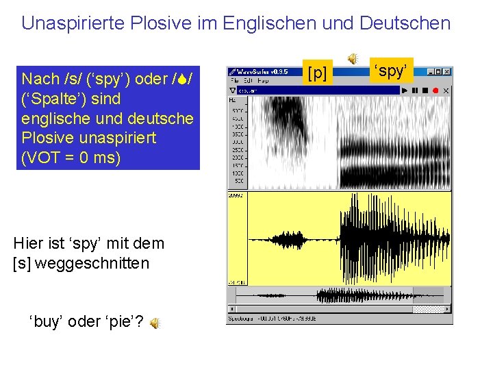 Unaspirierte Plosive im Englischen und Deutschen Nach /s/ (‘spy’) oder /S/ (‘Spalte’) sind englische