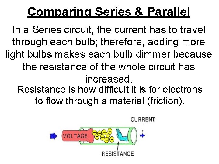 Comparing Series & Parallel In a Series circuit, the current has to travel through