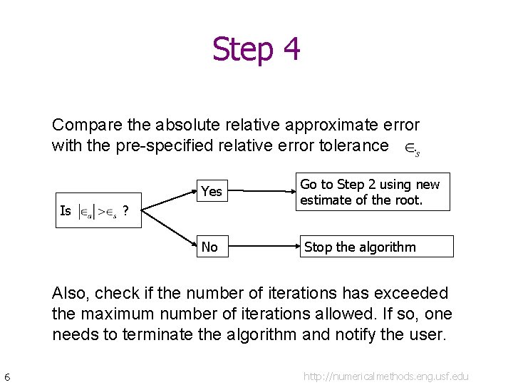Step 4 Compare the absolute relative approximate error with the pre-specified relative error tolerance.