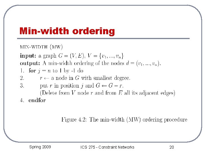 Min-width ordering Spring 2009 ICS 275 - Constraint Networks 20 