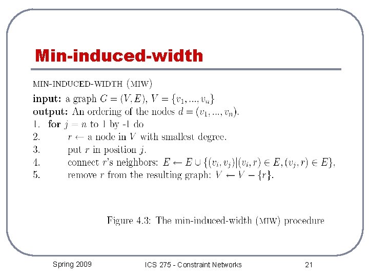 Min-induced-width Spring 2009 ICS 275 - Constraint Networks 21 