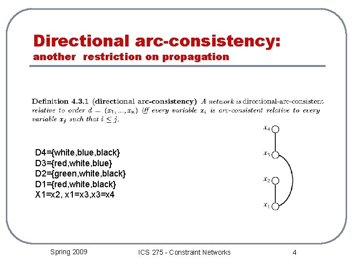 Directional arc-consistency: another restriction on propagation D 4={white, blue, black} D 3={red, white, blue}