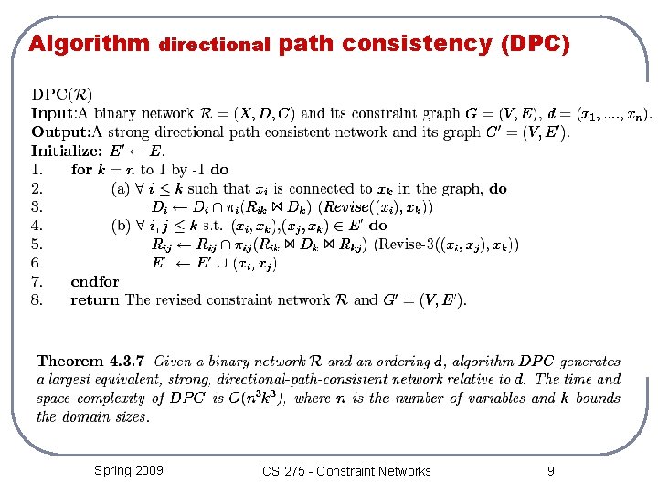 Algorithm directional path consistency (DPC) Spring 2009 ICS 275 - Constraint Networks 9 