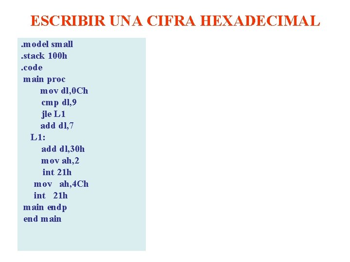 ESCRIBIR UNA CIFRA HEXADECIMAL. model small. stack 100 h. code main proc mov dl,