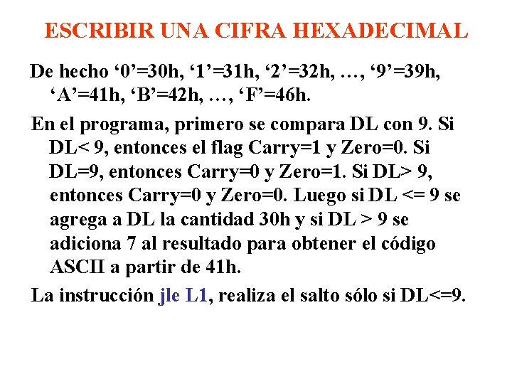 ESCRIBIR UNA CIFRA HEXADECIMAL De hecho ‘ 0’=30 h, ‘ 1’=31 h, ‘ 2’=32