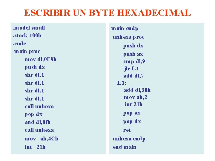 ESCRIBIR UN BYTE HEXADECIMAL. model small. stack 100 h. code main proc mov dl,