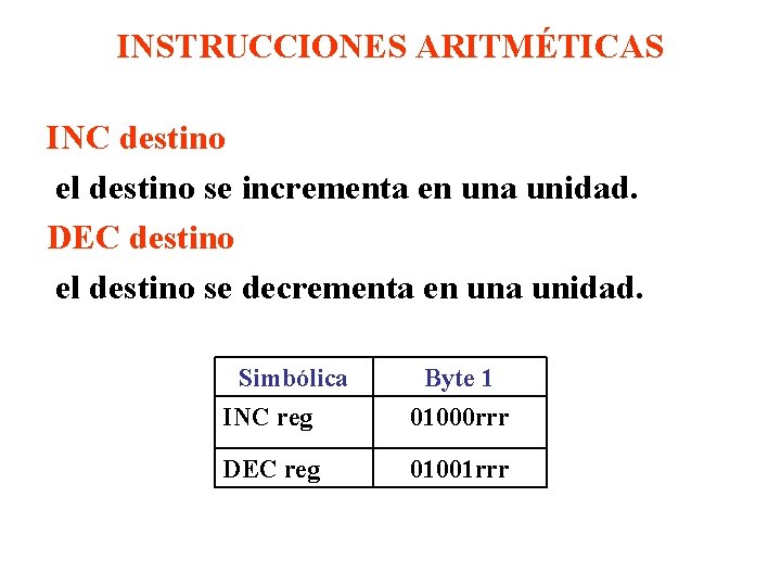 INSTRUCCIONES ARITMÉTICAS INC destino el destino se incrementa en una unidad. DEC destino el