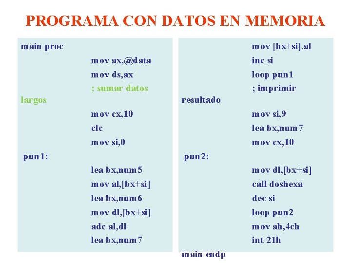 PROGRAMA CON DATOS EN MEMORIA main proc mov [bx+si], al inc si loop pun