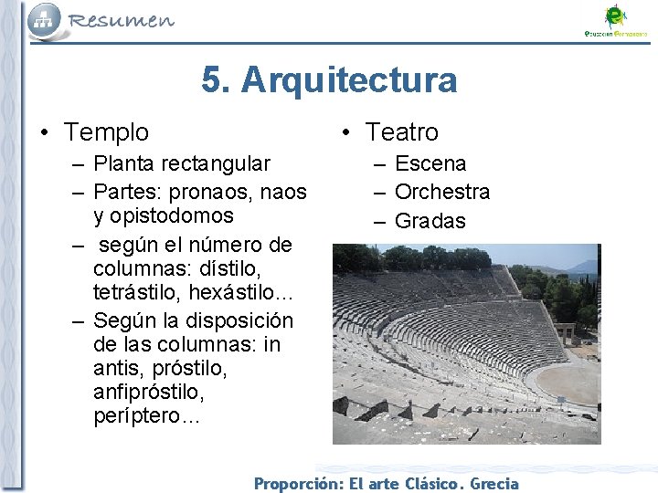 5. Arquitectura • Templo • Teatro – Planta rectangular – Partes: pronaos, naos y