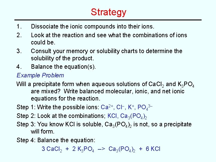 Strategy 1. 2. Dissociate the ionic compounds into their ions. Look at the reaction Strategy 1. 2. Dissociate the ionic compounds into their ions. Look at the reaction