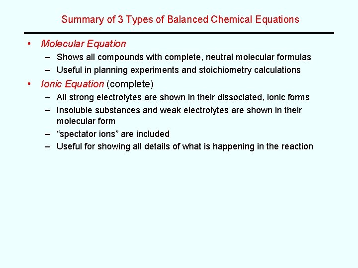 Summary of 3 Types of Balanced Chemical Equations • Molecular Equation – Shows all Summary of 3 Types of Balanced Chemical Equations • Molecular Equation – Shows all