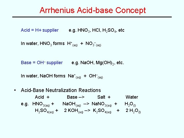 Arrhenius Acid-base Concept Acid = H+ supplier e. g. HNO 3, HCl, H 2 Arrhenius Acid-base Concept Acid = H+ supplier e. g. HNO 3, HCl, H 2