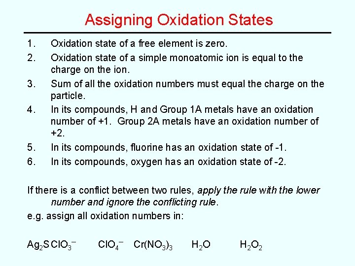 Assigning Oxidation States 1. 2. 3. 4. 5. 6. Oxidation state of a free Assigning Oxidation States 1. 2. 3. 4. 5. 6. Oxidation state of a free