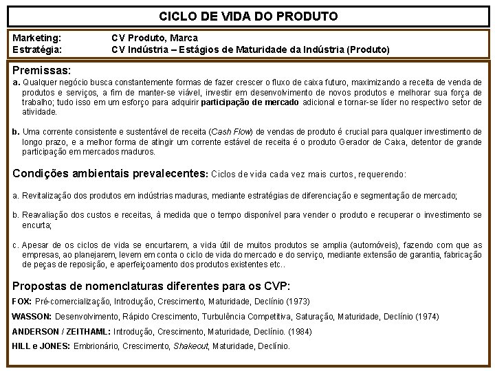 CICLO DE VIDA DO PRODUTO Marketing: Estratégia: CV Produto, Marca CV Indústria – Estágios