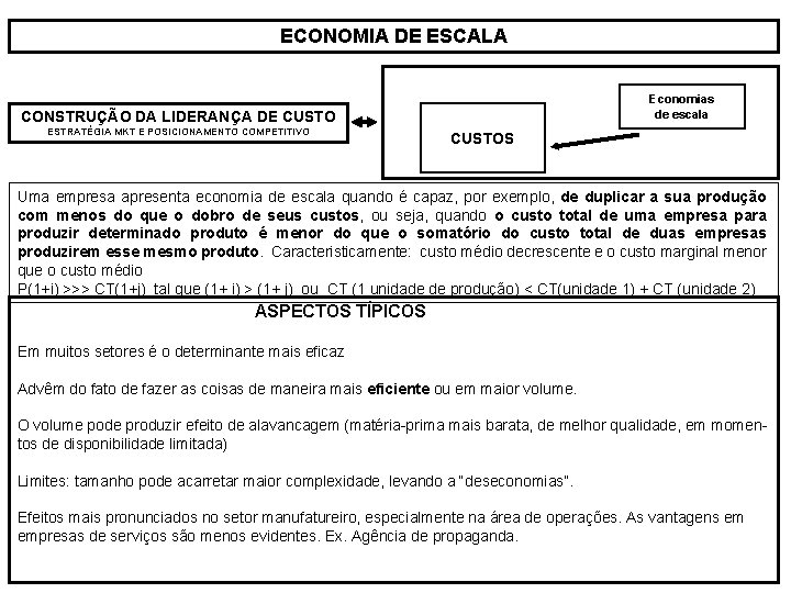 ECONOMIA DE ESCALA Economias de escala CONSTRUÇÃO DA LIDERANÇA DE CUSTO ESTRATÉGIA MKT E