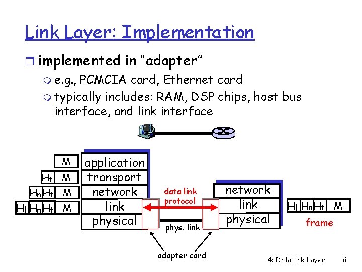 Link Layer: Implementation r implemented in “adapter” m e. g. , PCMCIA card, Ethernet