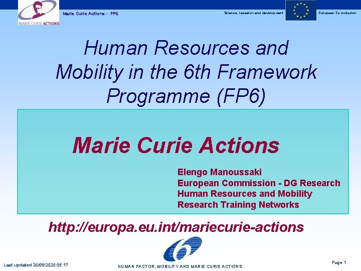 Marie Curie Actions - FP 6 Science, research and development European Commission Human Resources