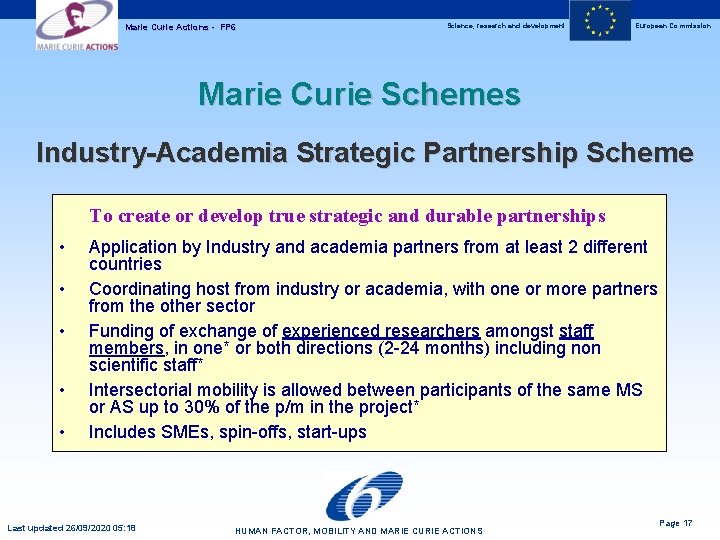 Marie Curie Actions - FP 6 Science, research and development European Commission Marie Curie