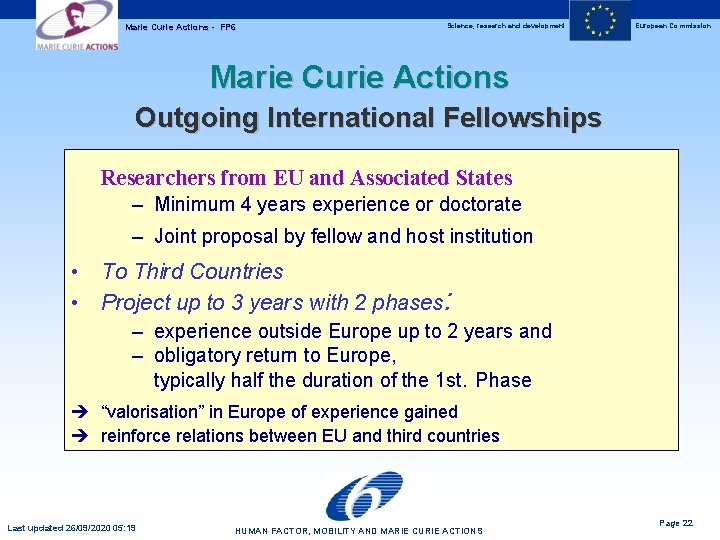 Marie Curie Actions - FP 6 Science, research and development European Commission Marie Curie