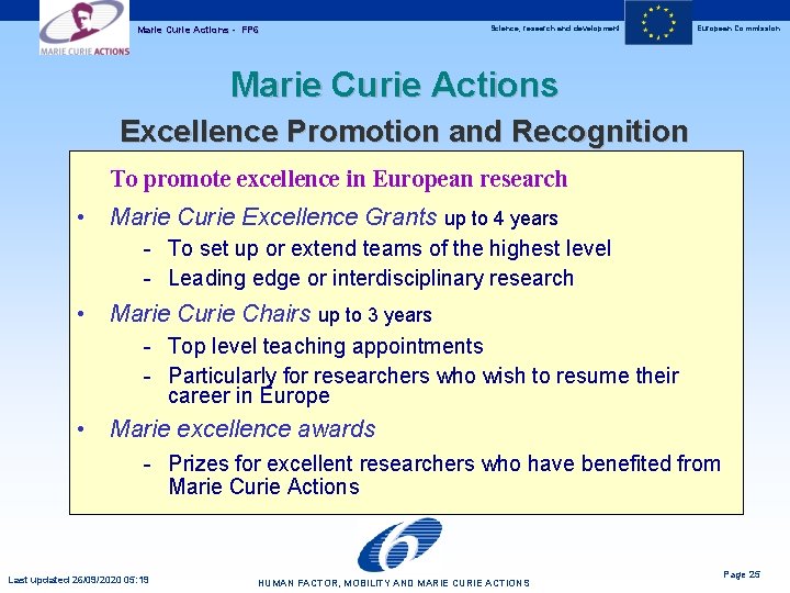 Marie Curie Actions - FP 6 Science, research and development European Commission Marie Curie