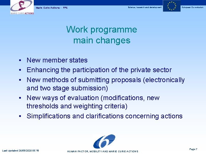 Marie Curie Actions - FP 6 Science, research and development European Commission Work programme