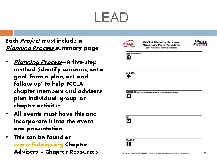 LEAD Each Project must include a Planning Process summary page. • Planning Process—A five-step