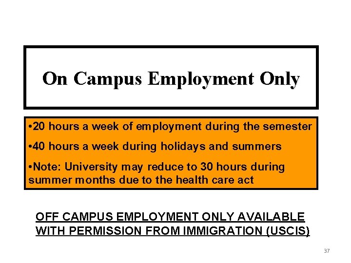 On Campus Employment Only • 20 hours a week of employment during the semester