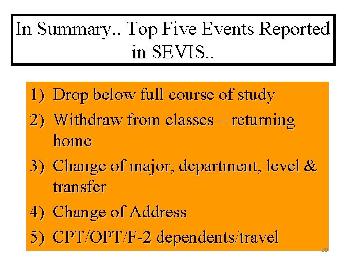 In Summary. . Top Five Events Reported in SEVIS. . 1) Drop below full