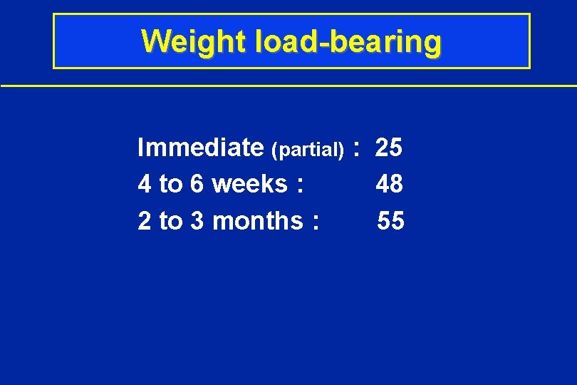 Weight load-bearing Immediate (partial) : 25 4 to 6 weeks : 48 2 to