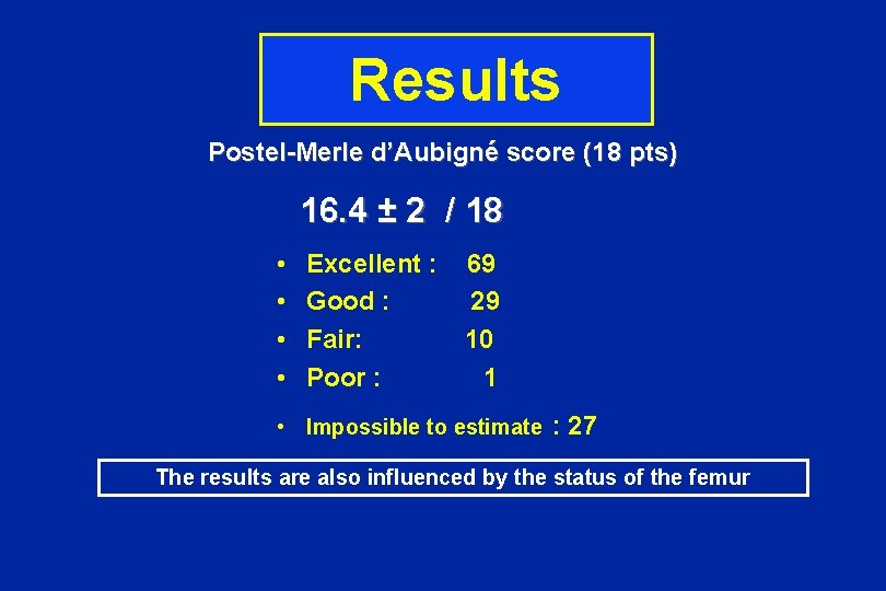 Results Postel-Merle d’Aubigné score (18 pts) 16. 4 ± 2 / 18 • •