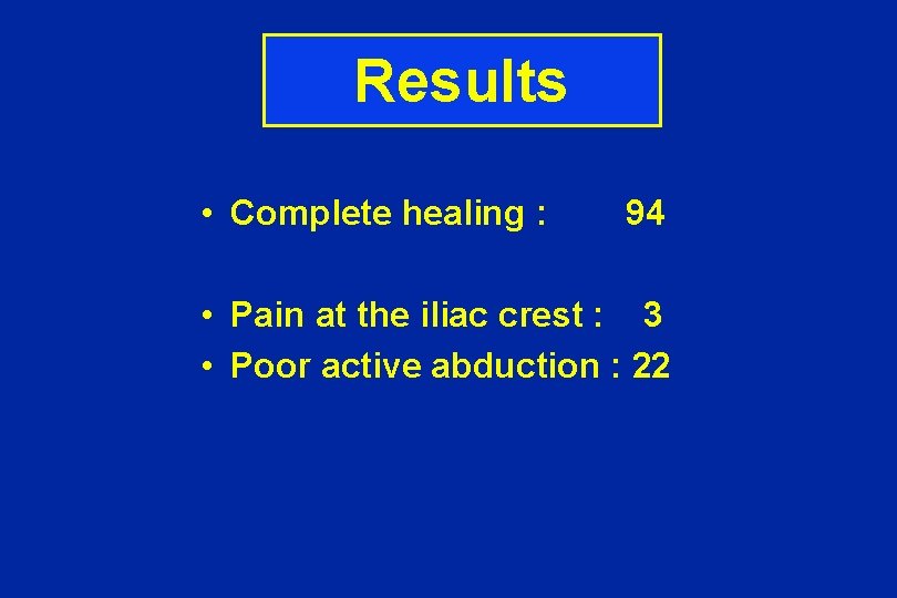 Results • Complete healing : 94 • Pain at the iliac crest : 3