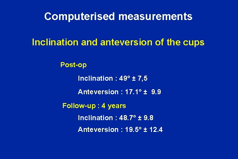 Computerised measurements Inclination and anteversion of the cups Post-op Inclination : 49° ± 7,