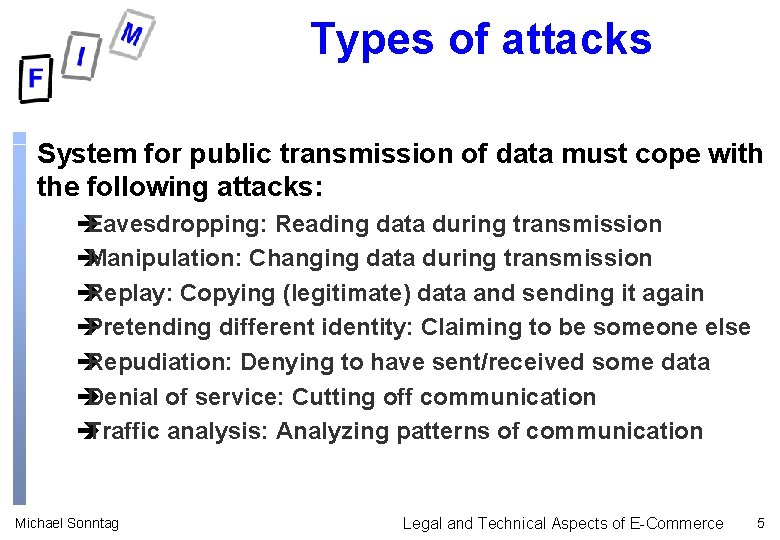Types of attacks System for public transmission of data must cope with the following Types of attacks System for public transmission of data must cope with the following
