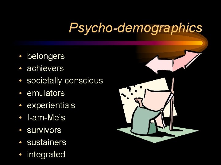 Psycho-demographics • • • belongers achievers societally conscious emulators experientials I-am-Me’s survivors sustainers integrated