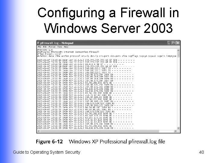 Configuring a Firewall in Windows Server 2003 Guide to Operating System Security 40 