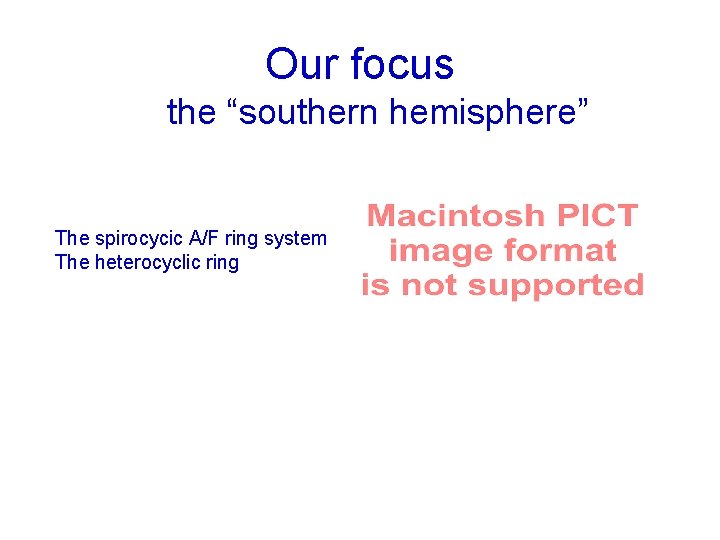 Our focus the “southern hemisphere” The spirocycic A/F ring system The heterocyclic ring 