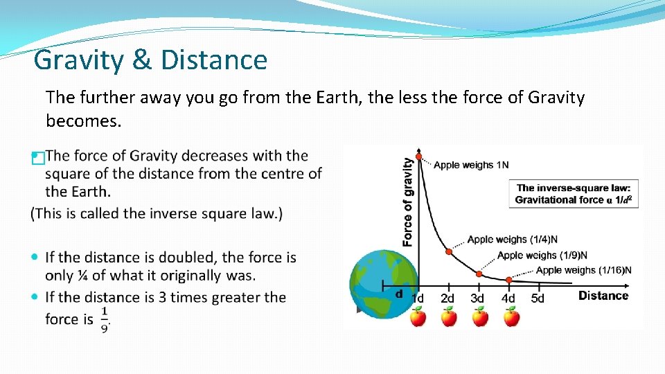 Gravity & Distance The further away you go from the Earth, the less the