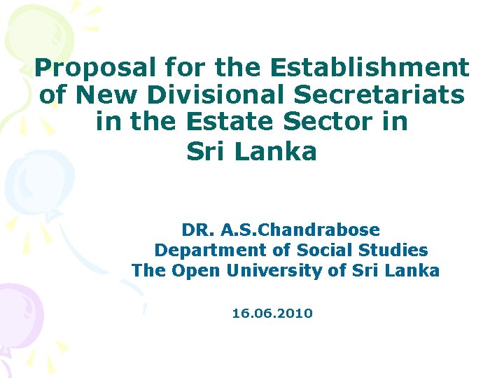 Proposal for the Establishment of New Divisional Secretariats in the Estate Sector in Sri