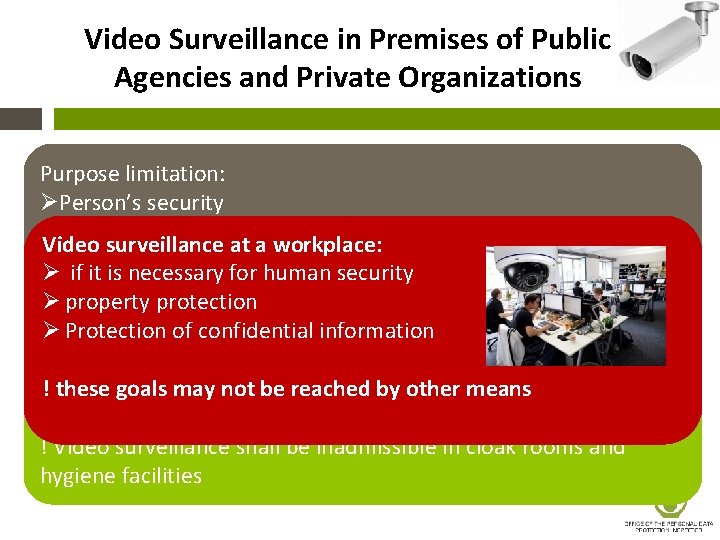 Video Surveillance in Premises of Public Agencies and Private Organizations Purpose limitation: ØPerson’s security