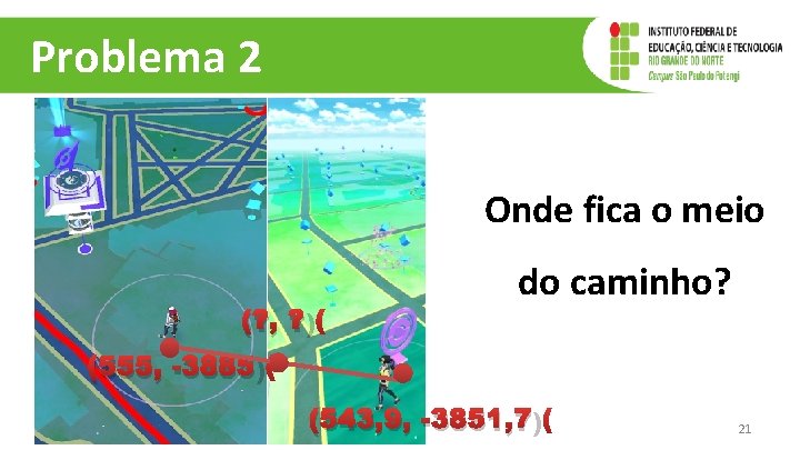 Problema 2 Onde fica o meio (? , ? ) do caminho? (555, -3885) Problema 2 Onde fica o meio (? , ? ) do caminho? (555, -3885)