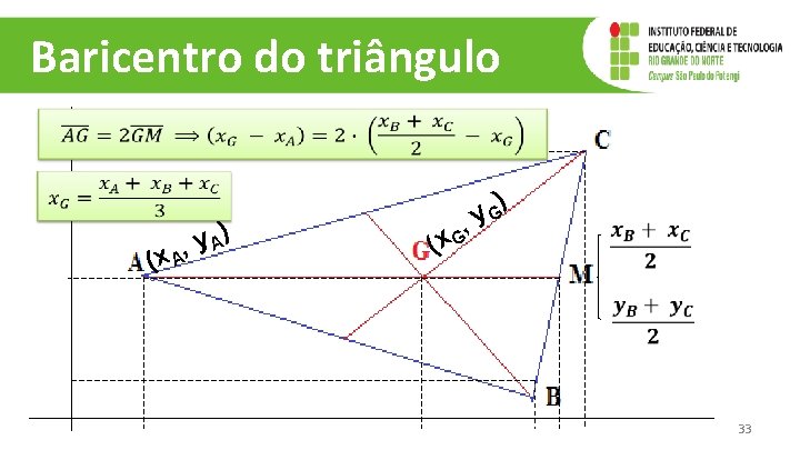 Baricentro do triângulo , (x A y A) , (x G ) y. G Baricentro do triângulo , (x A y A) , (x G ) y. G