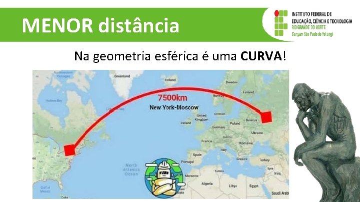 MENOR distância Na geometria esférica é uma CURVA! A menor distância entre dois pontos MENOR distância Na geometria esférica é uma CURVA! A menor distância entre dois pontos