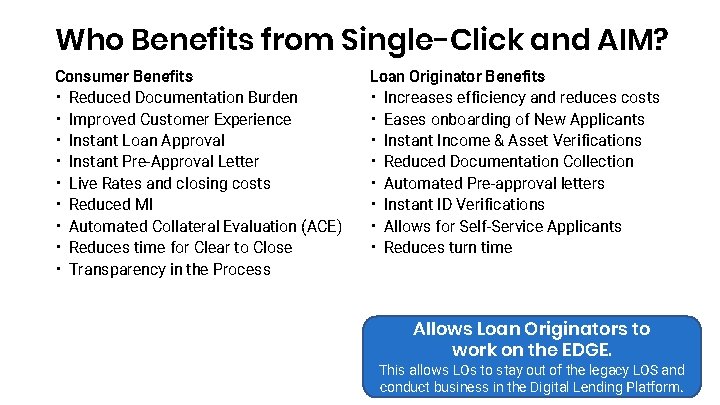 Who Benefits from Single-Click and AIM? Consumer Benefits • Reduced Documentation Burden • Improved Who Benefits from Single-Click and AIM? Consumer Benefits • Reduced Documentation Burden • Improved