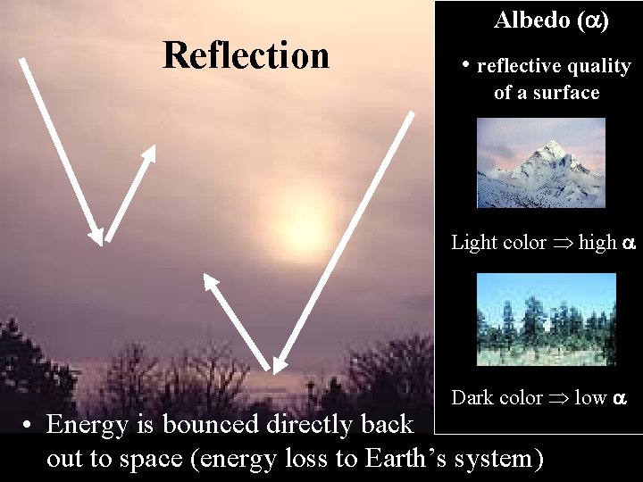 Albedo ( ) Reflection • reflective quality of a surface Light color high Dark