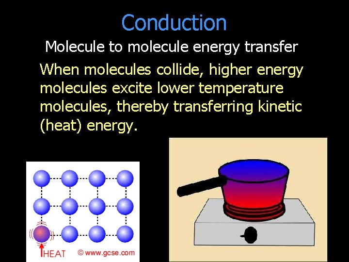 Conduction Molecule to molecule energy transfer When molecules collide, higher energy molecules excite lower
