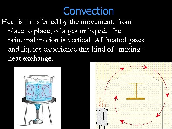 Convection Heat is transferred by the movement, from place to place, of a gas
