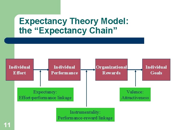 Expectancy Theory Model: the “Expectancy Chain” Individual Effort Individual Performance Organizational Rewards Expectancy: Effort-performance